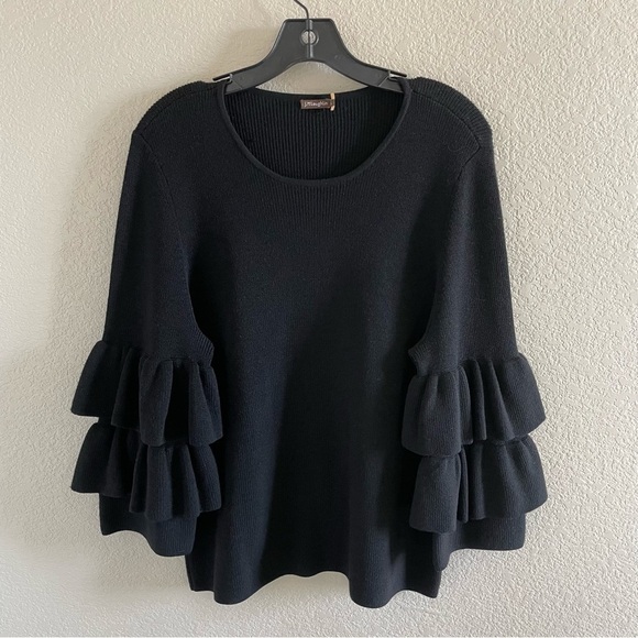 J. McLaughlin Italian Merino Wool Sweater Tiered Ruffle Sleeve Black Large - Picture 5 of 12